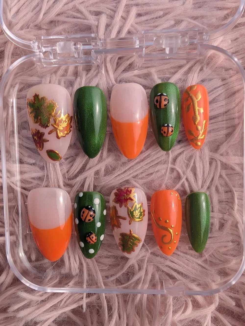 Autumn Leaf & Ladybug Press-On Nails - Green and Orange
